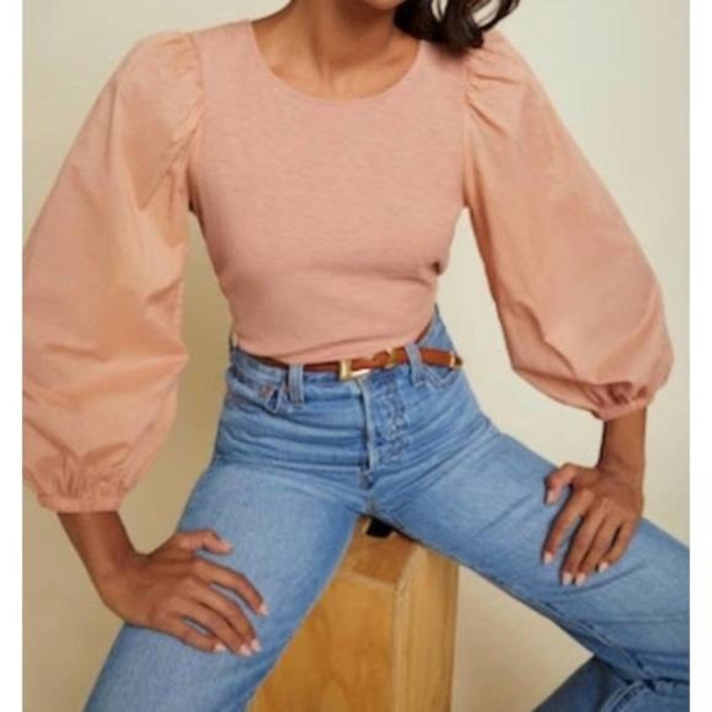 Nation LTD shalom Pima Cotton Puff Sleeve Bow Back Top Dusty Rose Medium NEW - Picture 2 of 7